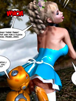 Seductive perfect blonde 3d girl in short dress and white stay ups gets finger fucked by robot.