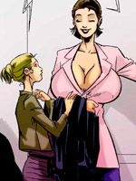 In this cool sex cartoon ponytailed chick comes to office where all chick have mega tits