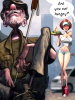 Busty redhead toon beauty in tight shorts and top teasing homeless guys while trying to feed them.