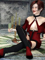 Dirty brunette slut in a red suit and fishnet stockings giving head to a big 3d toon monster
