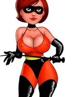 Cartoon busty hero helen parr takes two cocks in her mouth at the same time.