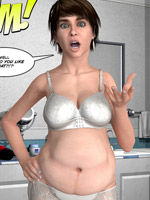 Mature 3d milf brunette slowly taking off her white lingerie and gets her belly cum covered.