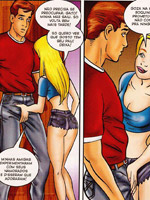 Blonde toon babe in jeans short gets mouthful of hot sperm after a sloppy blowjob