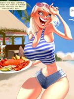 Two perverted dudes trying to persuade busty toon blonde to wear mini bikini.