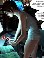 Nasty 3d girl with huge melons ian tight panties sitting in front of computer.