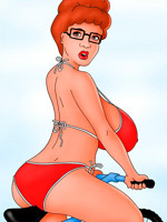 Lusty cartoon wife showing her boobs and spreading her legs on the bed.